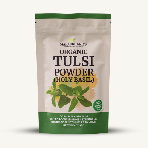 Tulsi-Powder-100G Refreshes and soothes an itchy scalp when used in hair masks -By Mara Organics